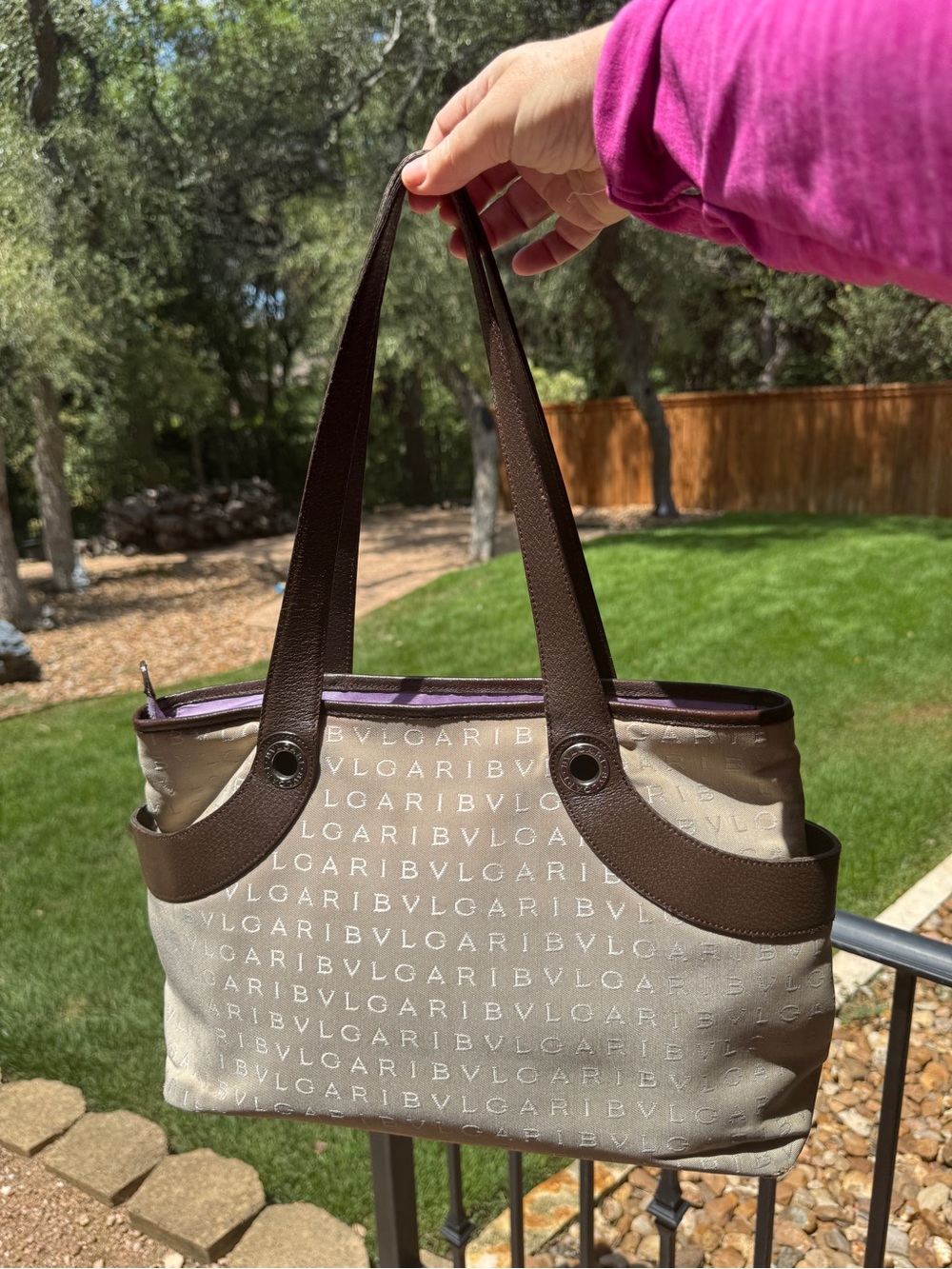 Bulgari Beige Canvas Shoulder Bag with Brown Leather Trim and Purple Accent
